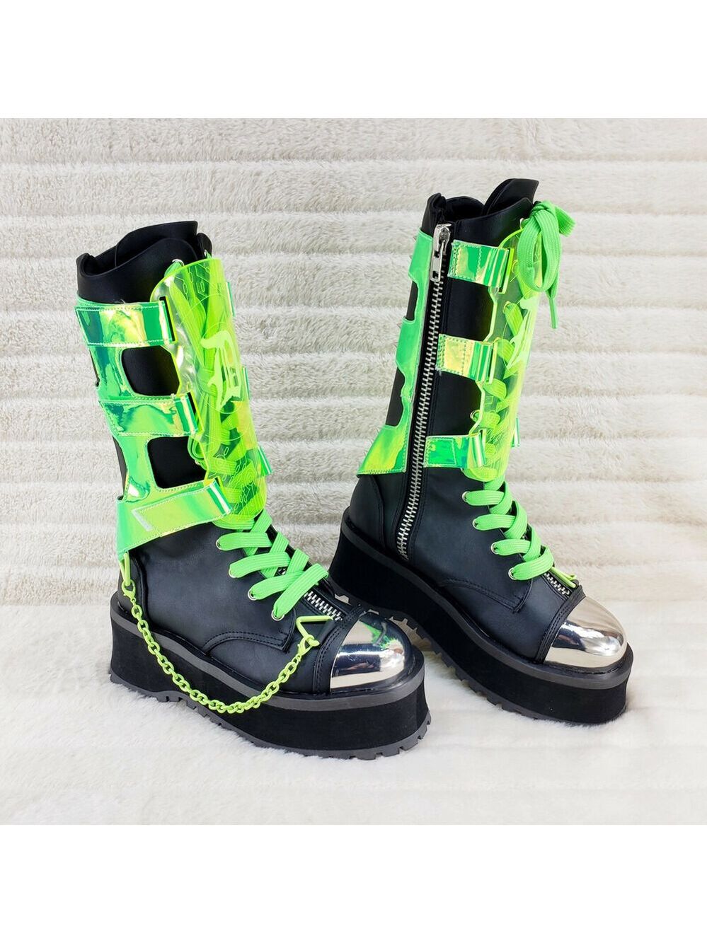 NIB GraveDigger 255 Neon Green Acrylic Shield Mid Calf Boots Men / Unisex Sizes